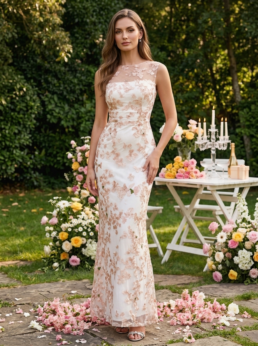 Pink Lace Crew Neck Sleeveless Sheath Maxi Dress
