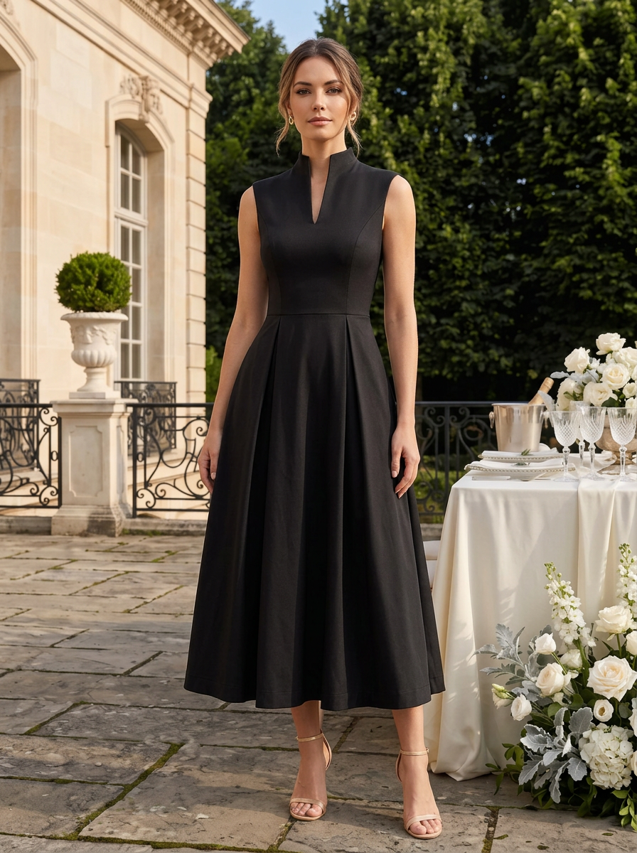High-Neck Sleeveless Structured A-Line Midi Dress