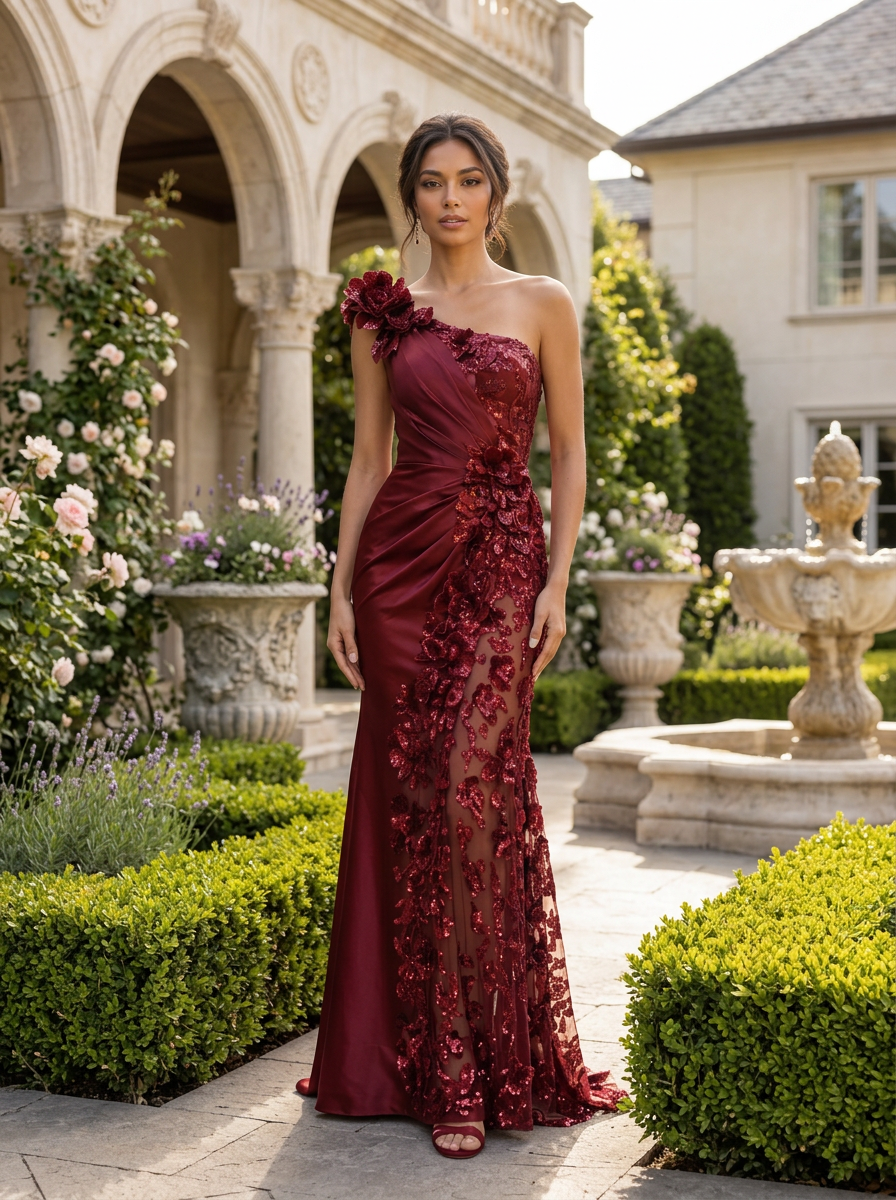 Burgundy Satin One Shoulder 3D Floral Applique Sheer Mermaid Train Evening Gown