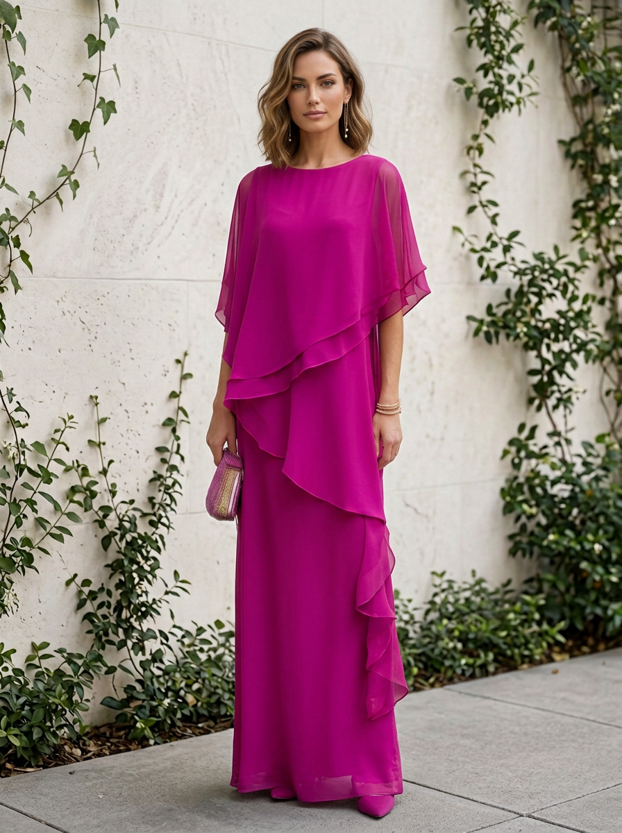 Asymmetric Tiered Chiffon Overlay Cape Maxi Dress