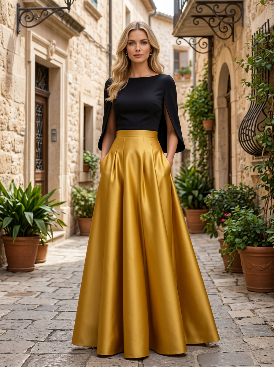 Evening Formal Dress Gold A-Line Crew Neck Satin Two-piece dress