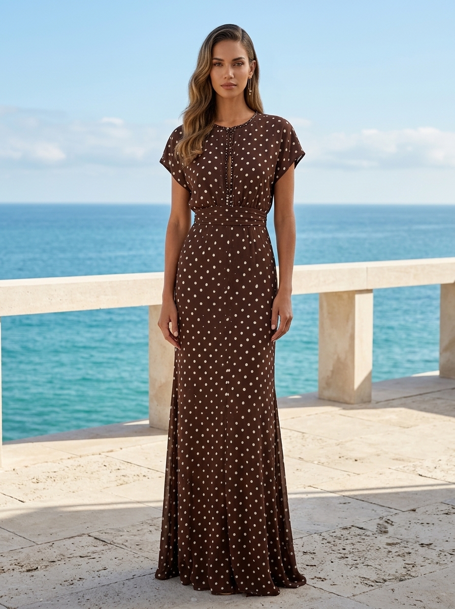 Brown‑and‑White Polka‑Dot Short‑Sleeve Keyhole Neck Sash‑Waist Column Floor‑Length Evening Gown