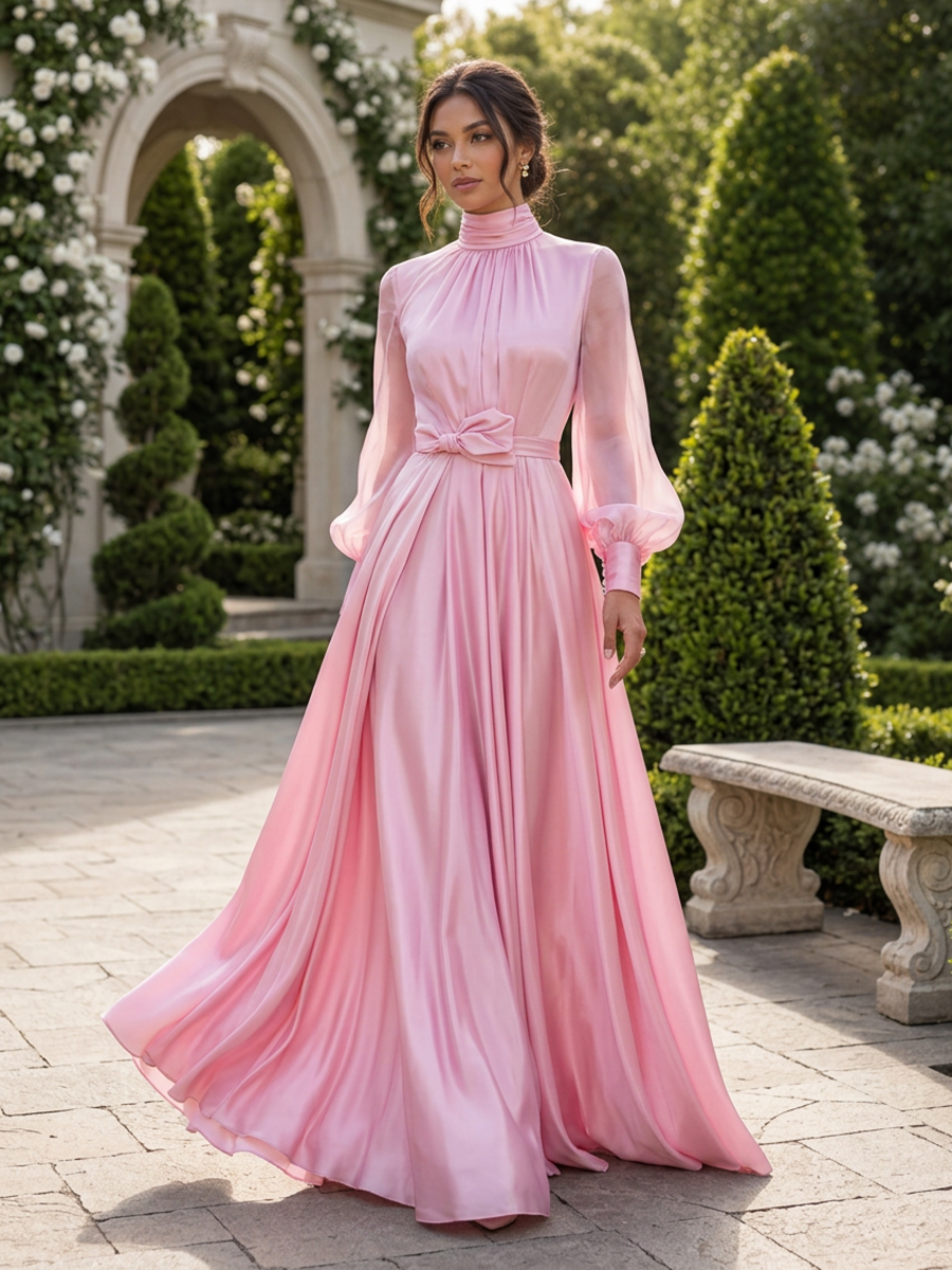 Pink High-Neck Satin Maxi Dress