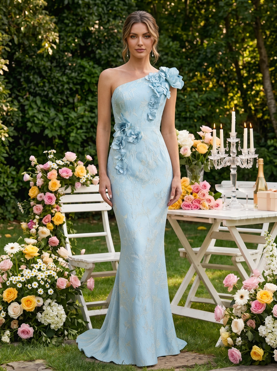 Light Blue 3D Floral Jacquard Classic One Shoulder Sleeveless Mermaid Gown Dress