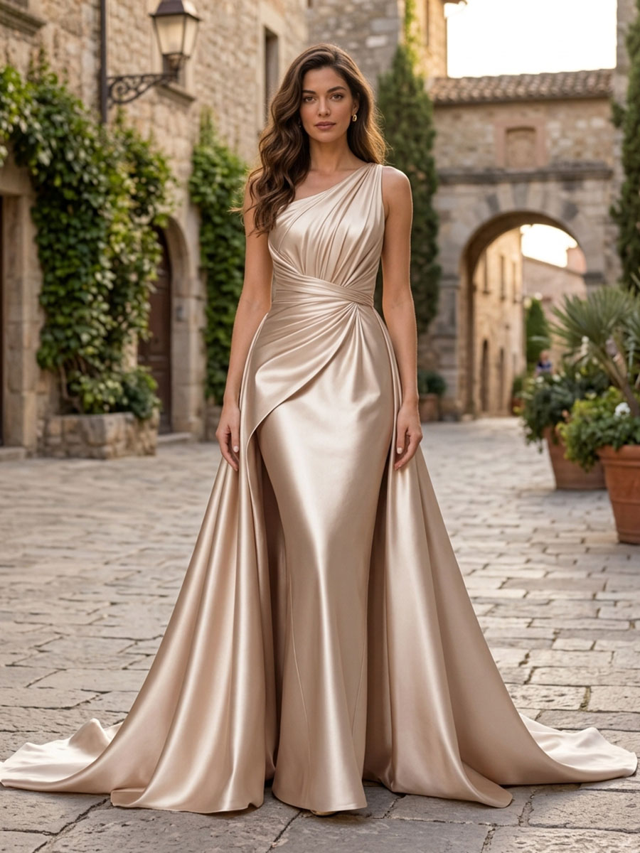 Formal Evening Gown Champagne One Shoulder Satin Maxi Dress