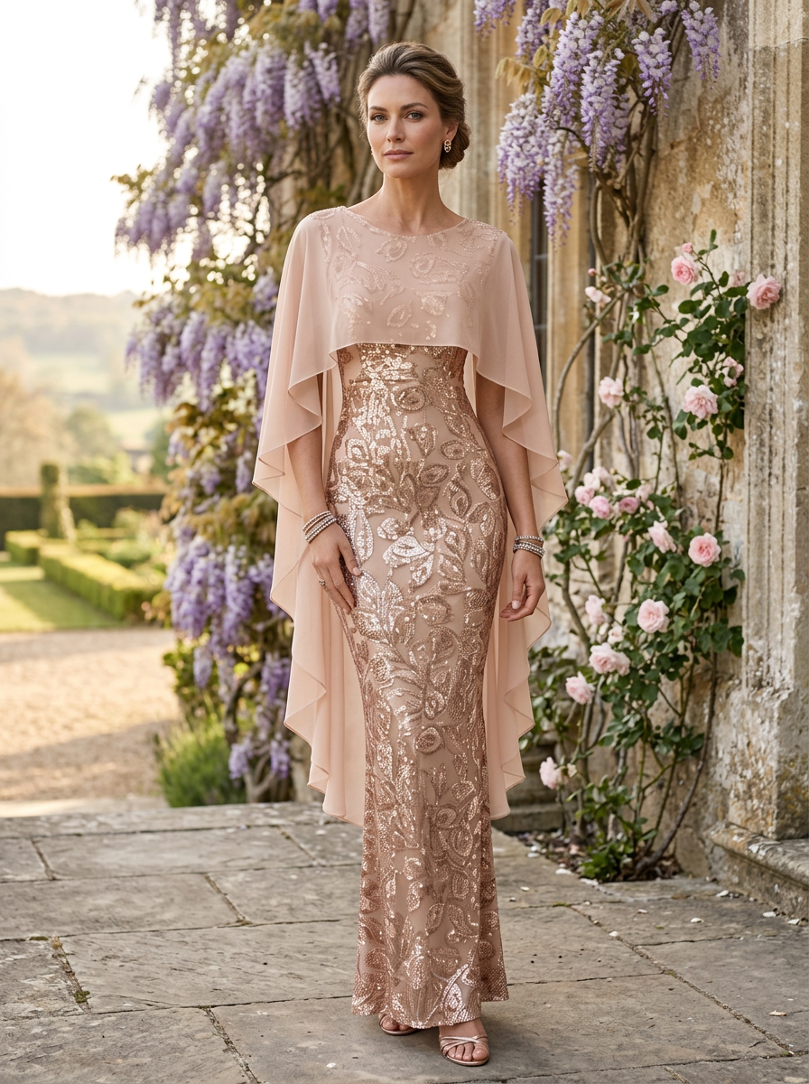 Champagne Glitter Sequin Crew Neck Cap Sleeve Sheath Floor-length Gown Dress