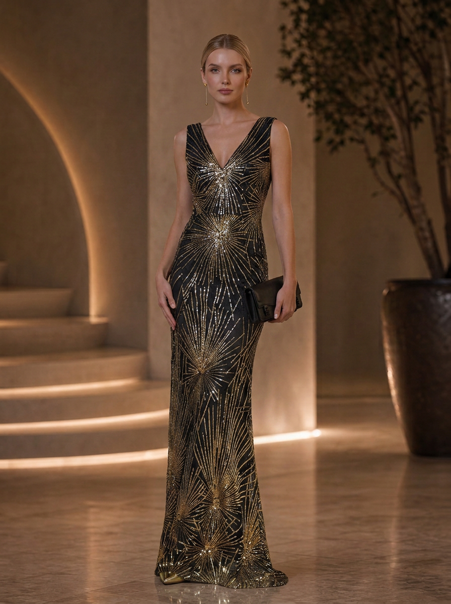 Gold-Black Sequin V Neck Sleeveless Sheath Gown Dress