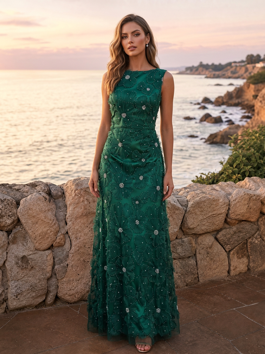 Dark Green Boat Neck A-Line Embroidered Lace Evening Dress