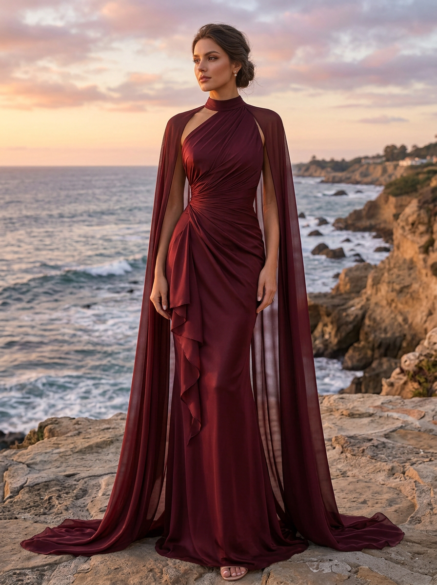 Burgundy High Neck Shawl Sleeve Chiffon Satin Maxi Dress