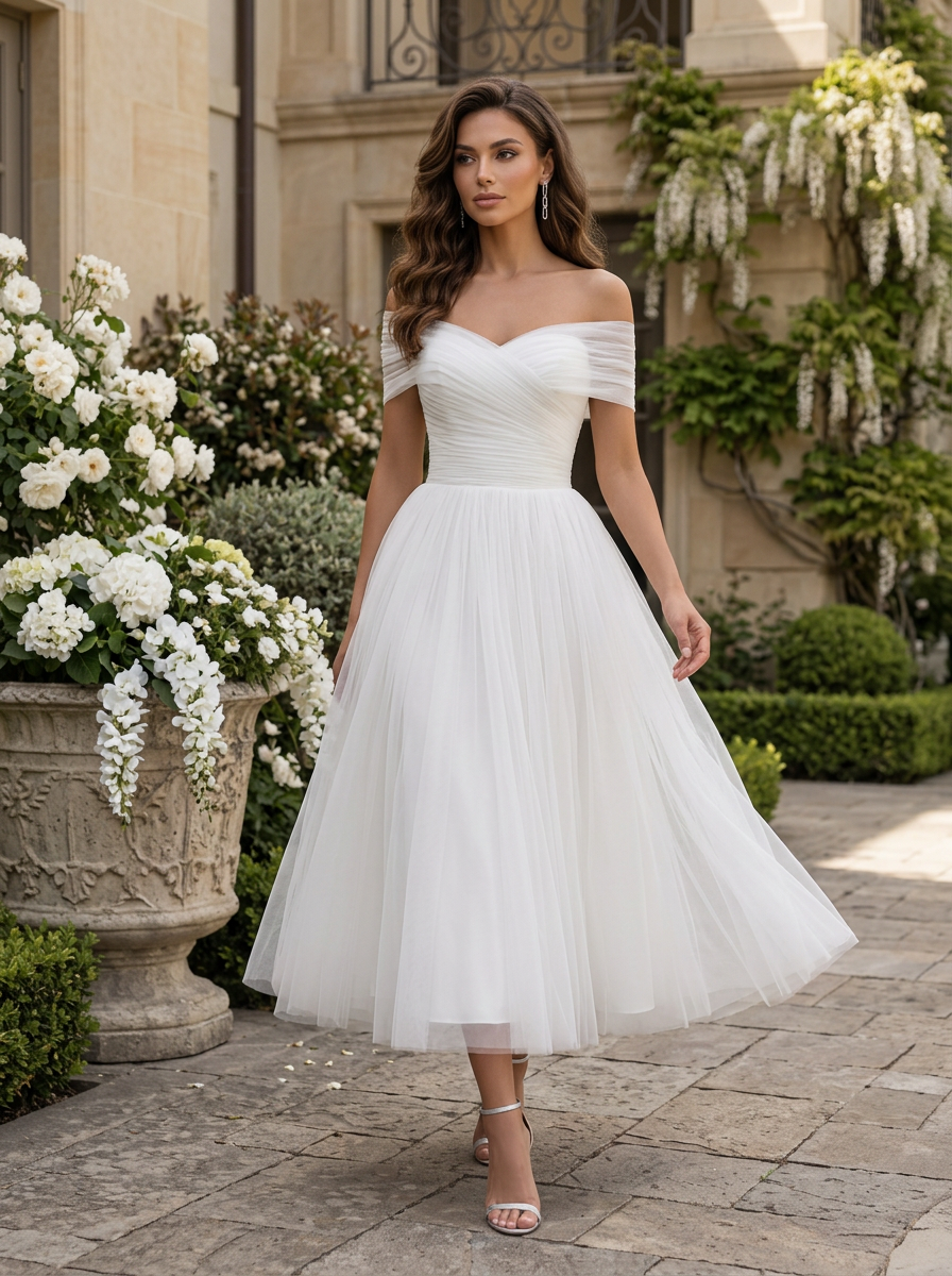 White Off-Shoulder Pleated A-Line Tulle Midi Dress