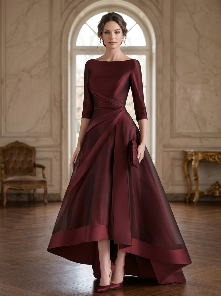 Draped Waist Organza High-Low Evening Dress