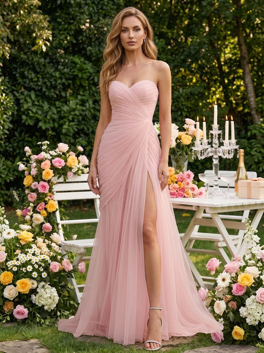 Ruched Slit Tulle Strapless Sleeveless Sheath Gown Dress