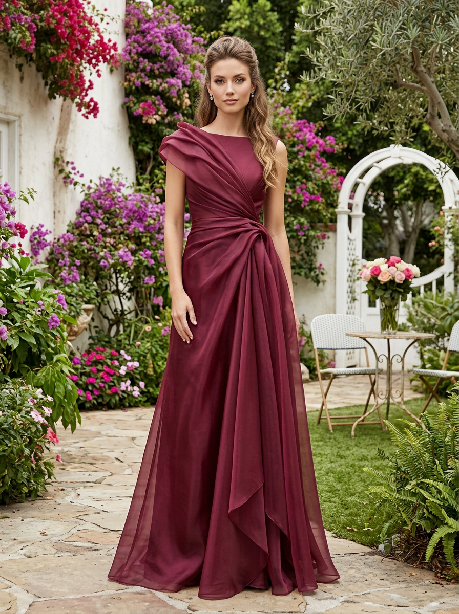 Wine Red Organza Sleeveless Asymmetrical Draped Cinched-Waist Maxi Dress
