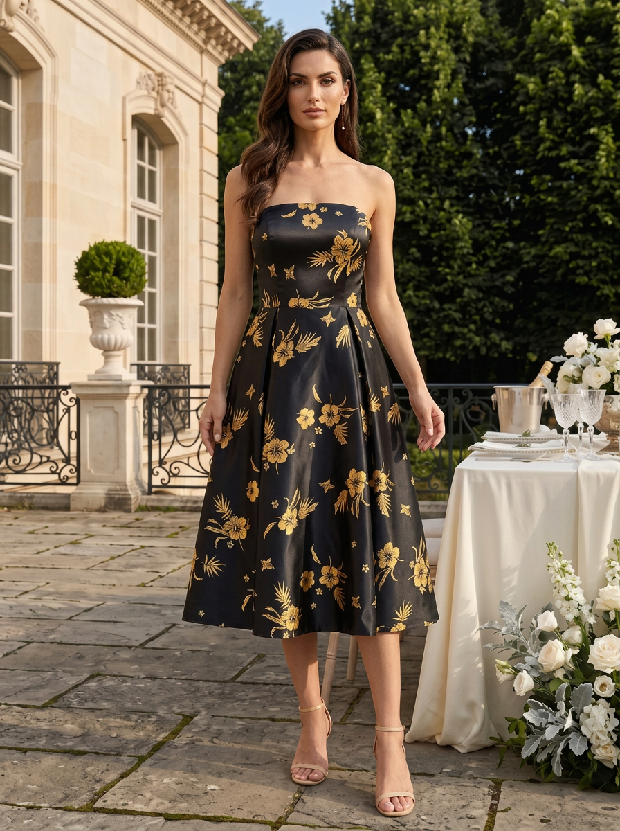 Black Stamped Bronzing Floral Classic Strapless Sleeveless A-Line Midi Dress