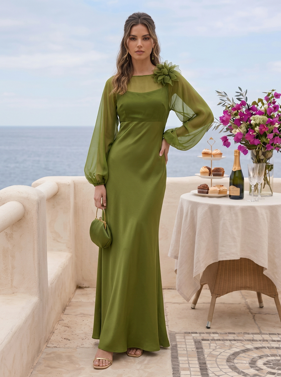 Green Chiffon Paired Satin Camisole Flowers Maxi Dress