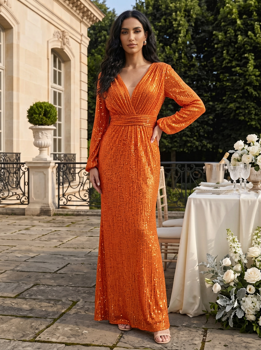 Deep‑Tone Sequin V‑Neck Long Puff‑Sleeve Pleated Waist Sheath Floor‑Length Evening Gown