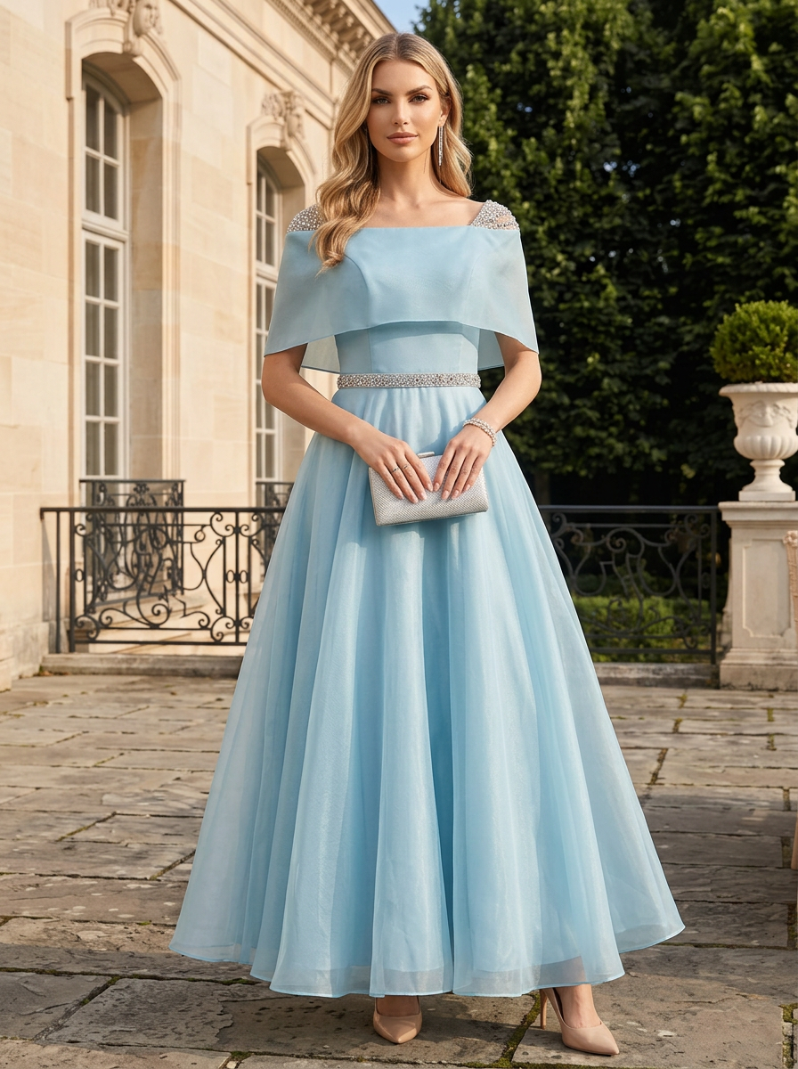 Sequin Off Shoulder Organza A-Line Maxi Dress