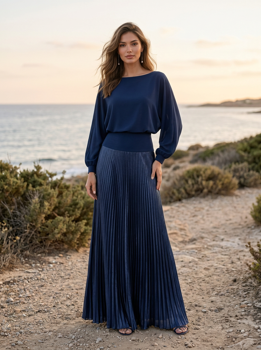 Pleated Satin Long Sleeve Flowing Maxi Dress