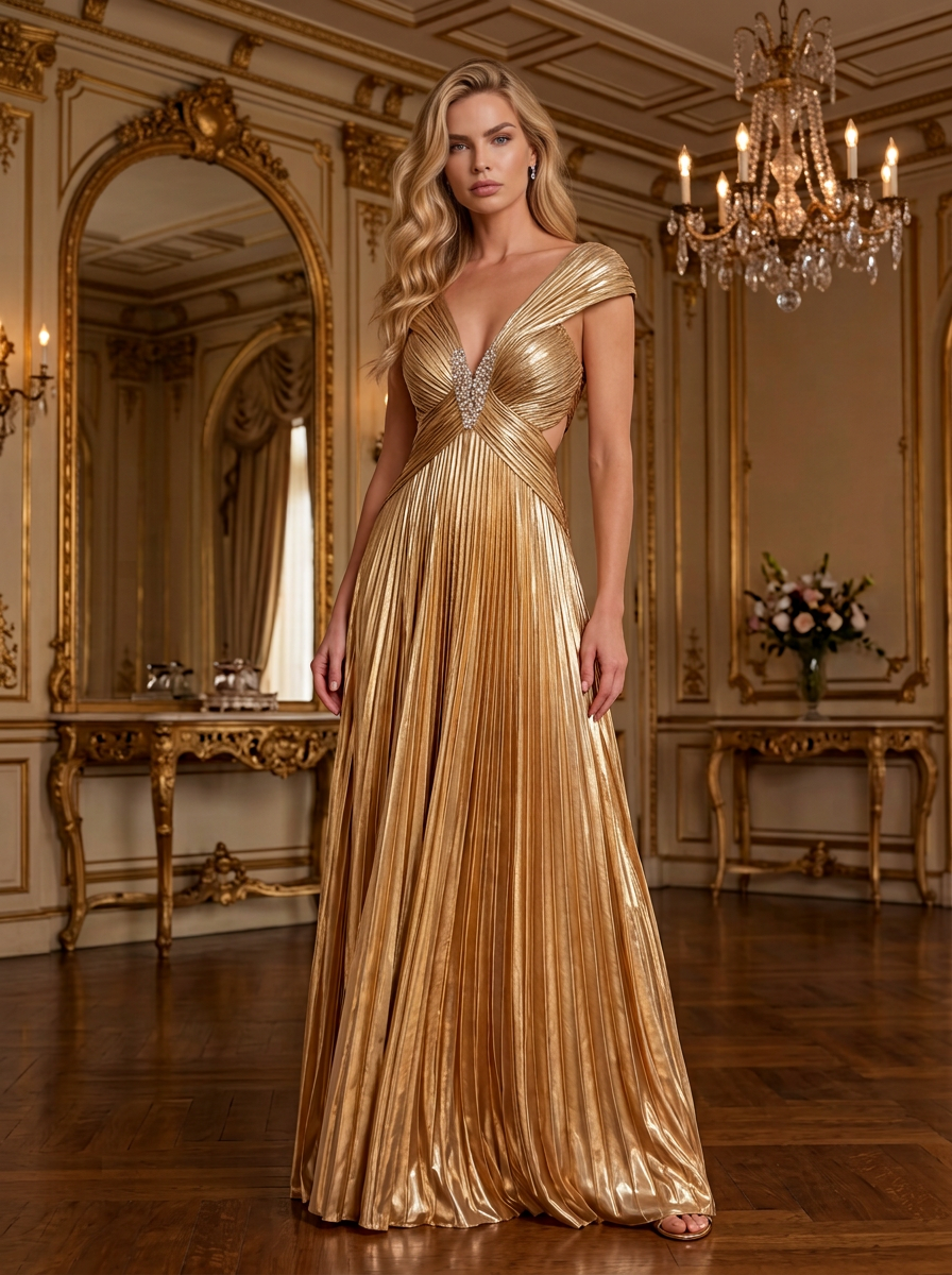 Metallic Gold Draped V-Neck Rhinestone Pleated A-Line Evening Gown