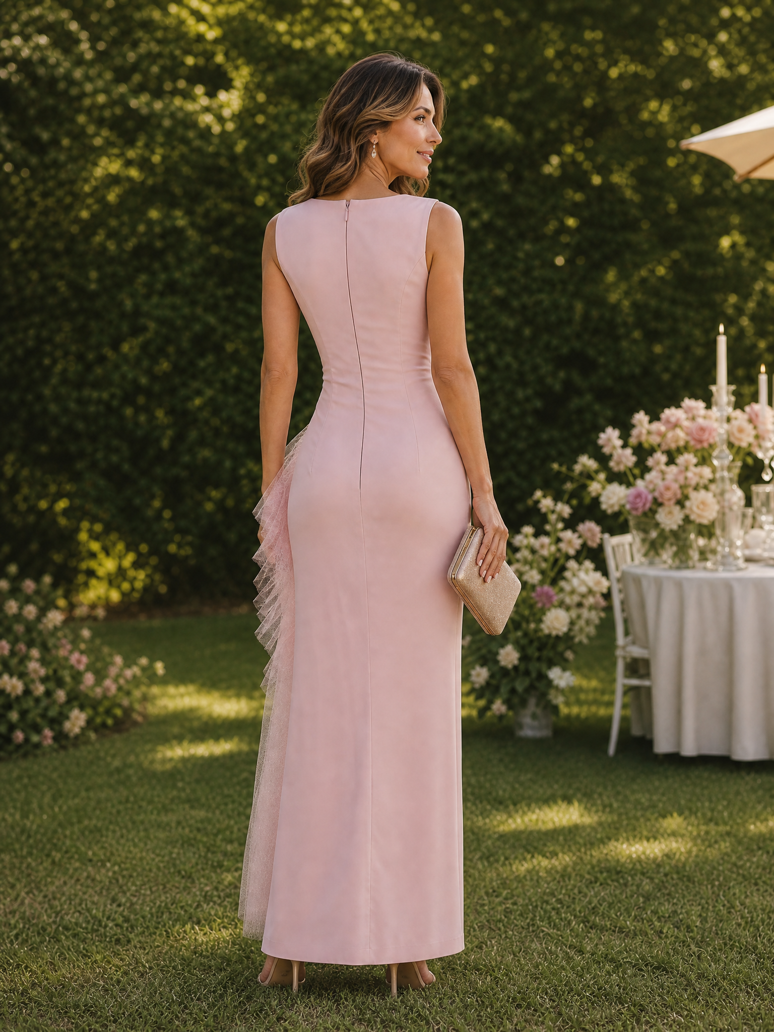 Pink Mesh Ruched Knit Boat Neck Sleeveless Sheath Maxi Dress