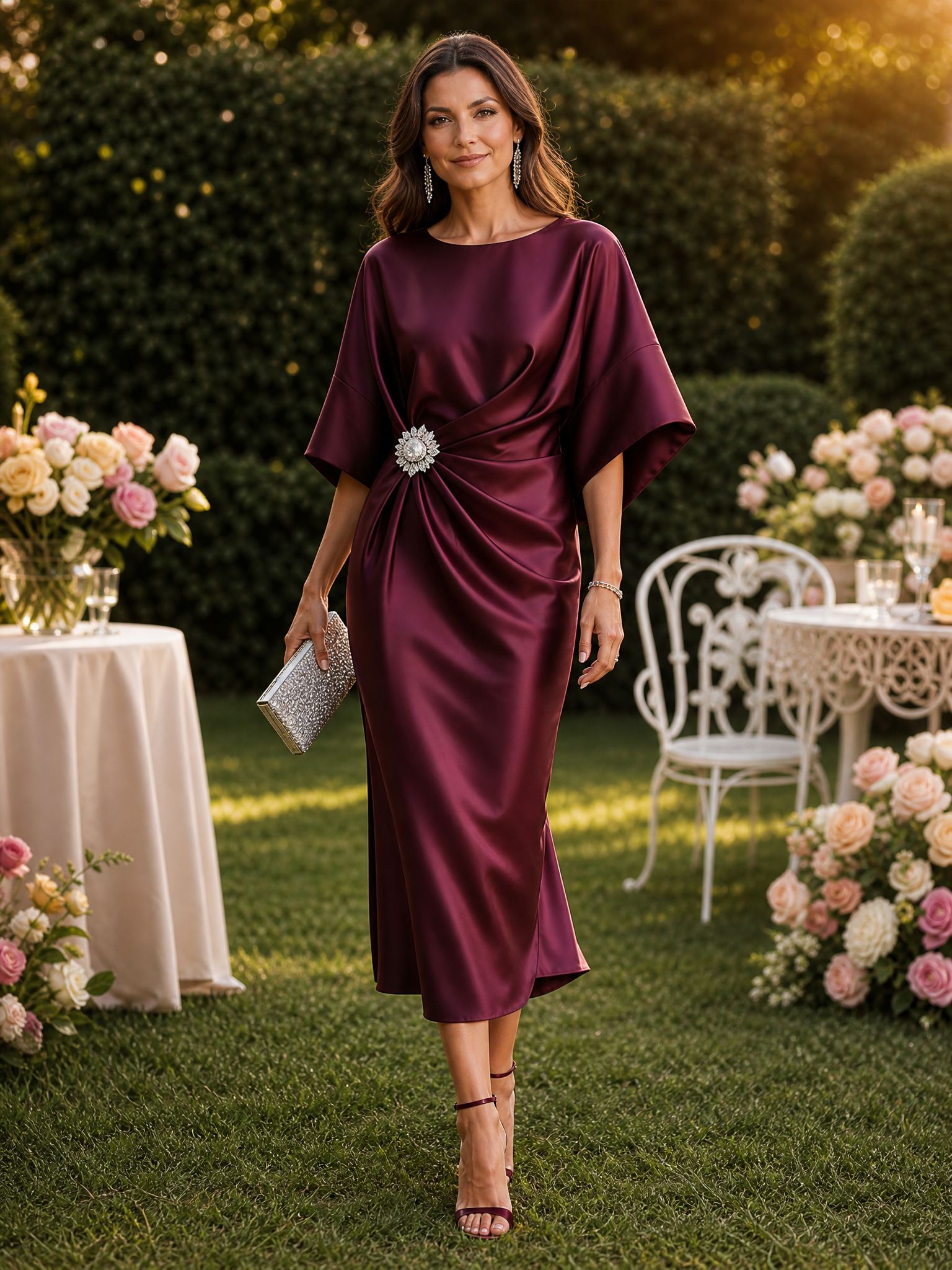 Satin Draped Midi Dress With Rhinestone Brooch Detail