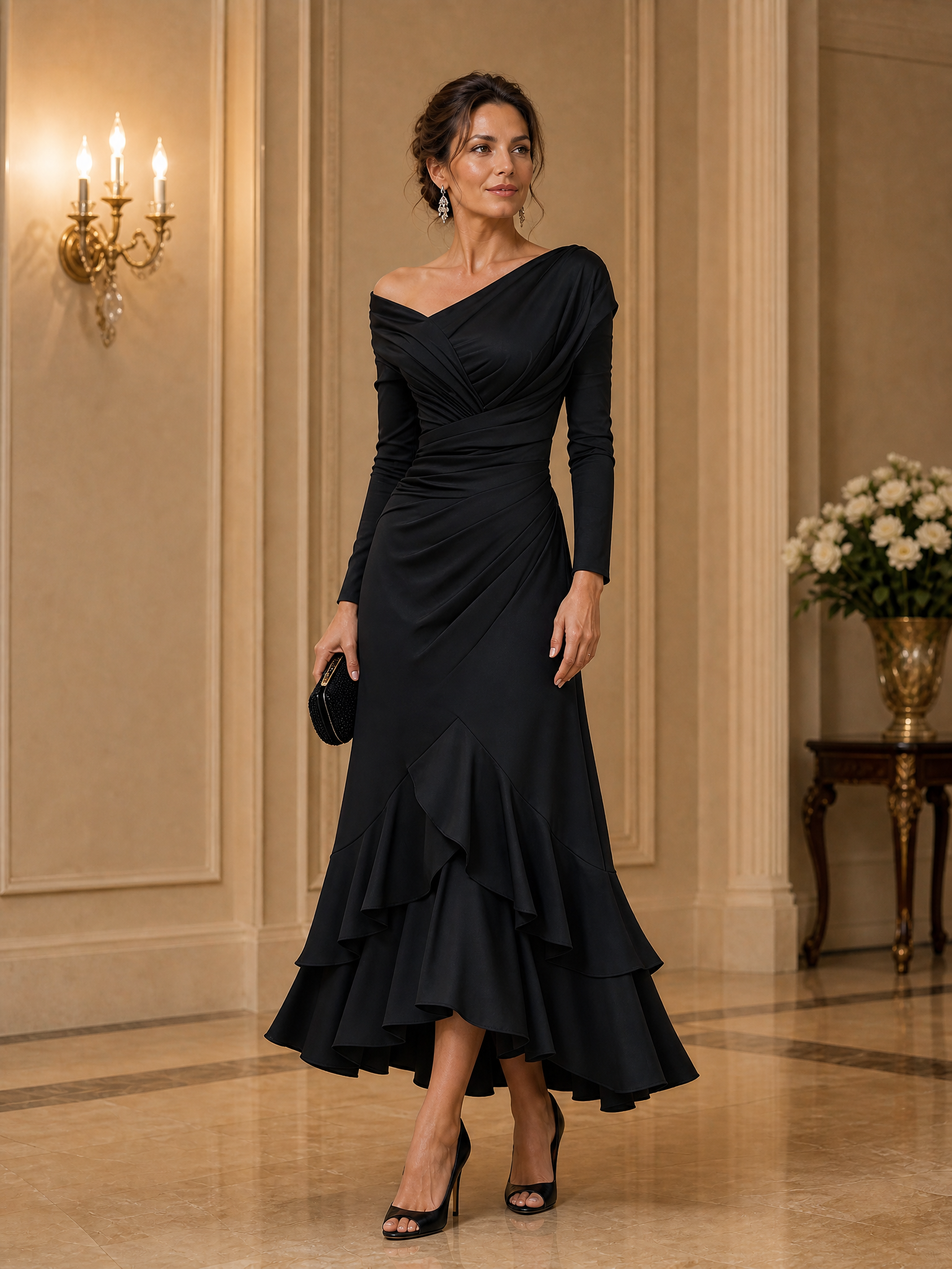 Black One-Shoulder Ruched Asymmetric Ruffle Hem Midi Dress