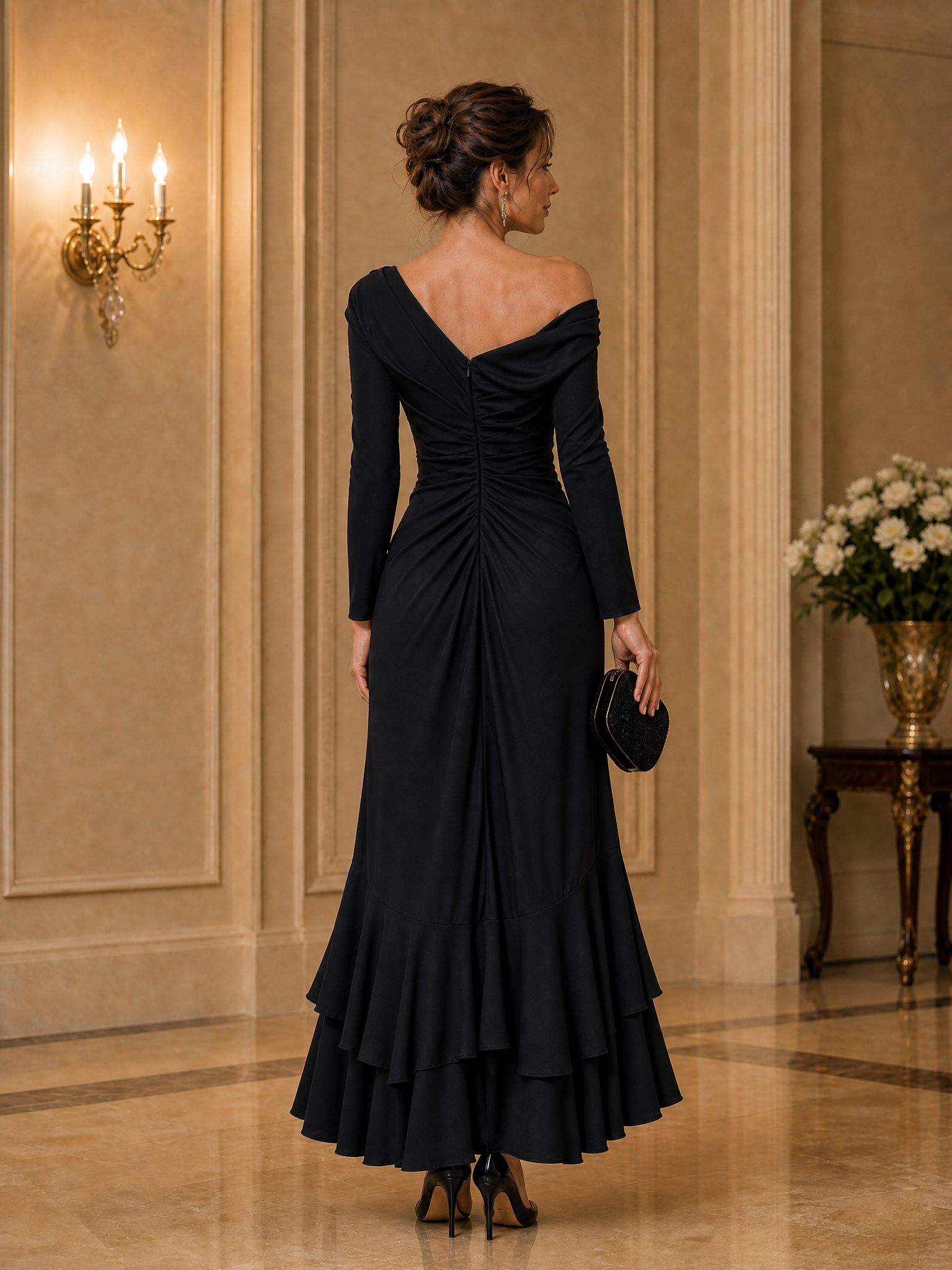 Black One-Shoulder Ruched Asymmetric Ruffle Hem Midi Dress