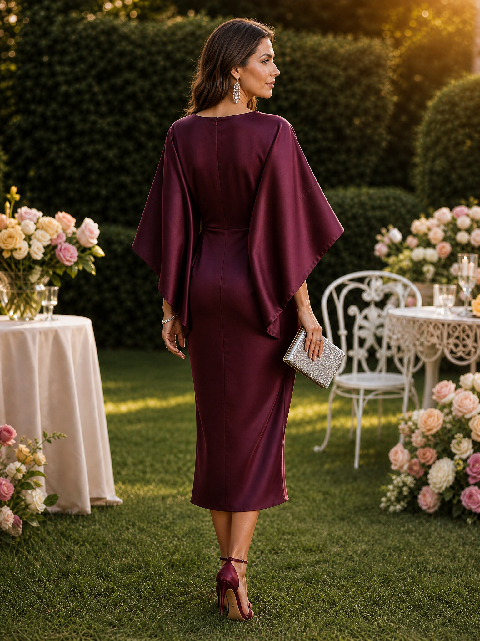 Satin Draped Midi Dress With Rhinestone Brooch Detail