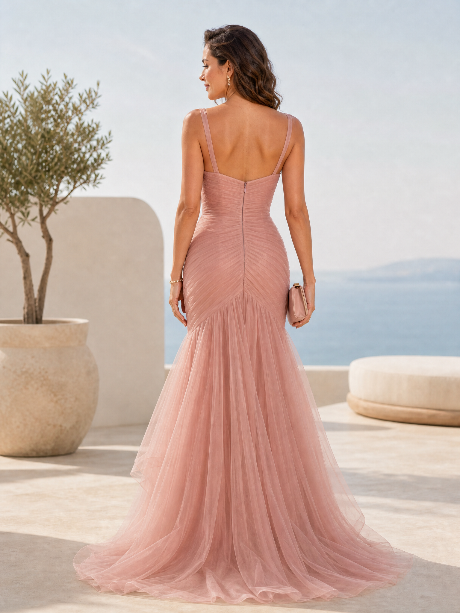 Pink Folds Tulle Strapless Sleeveless Mermaid Gown Dress