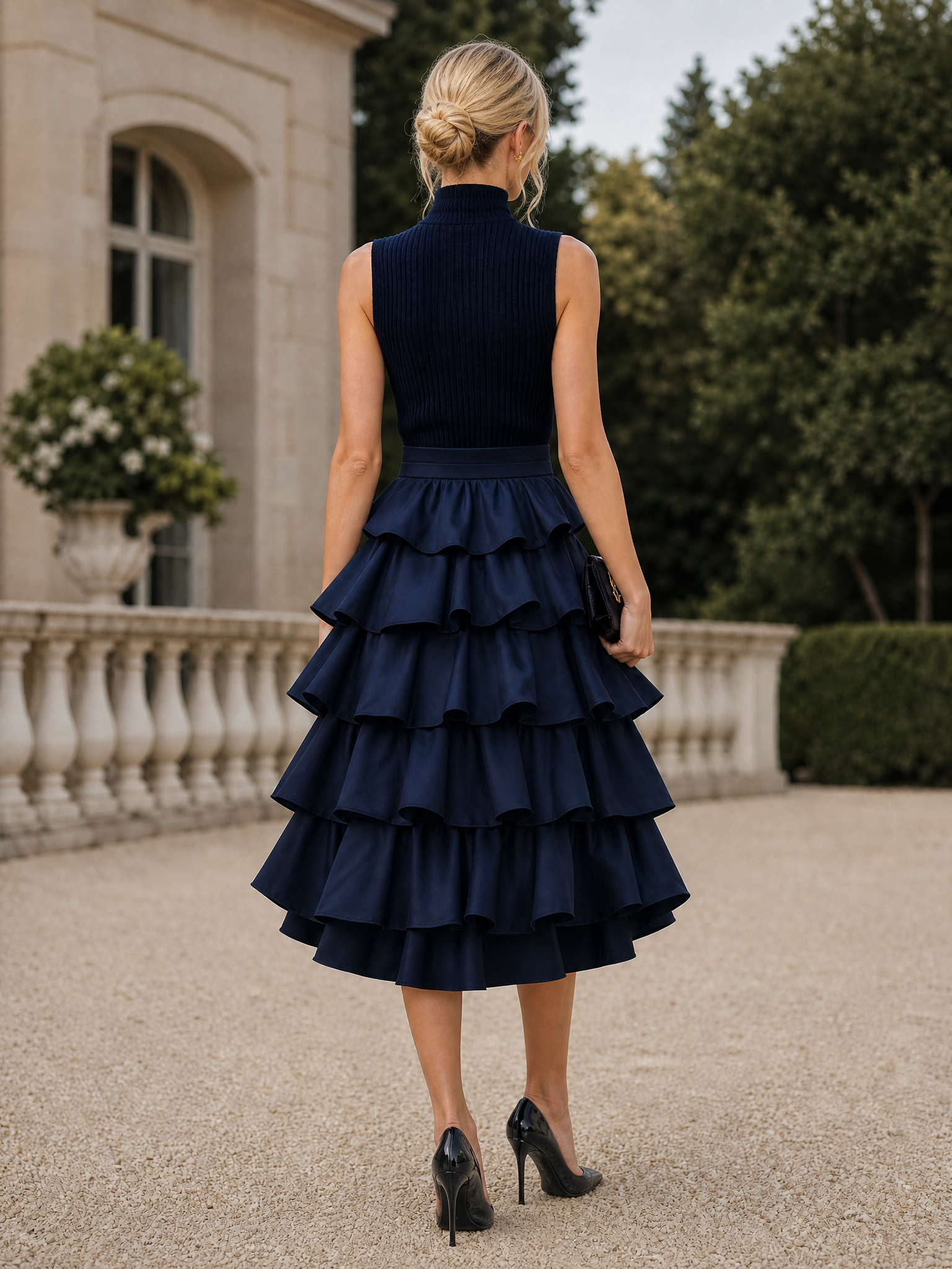Sleeveless High Neck Tiered Ruffle Midi Dress