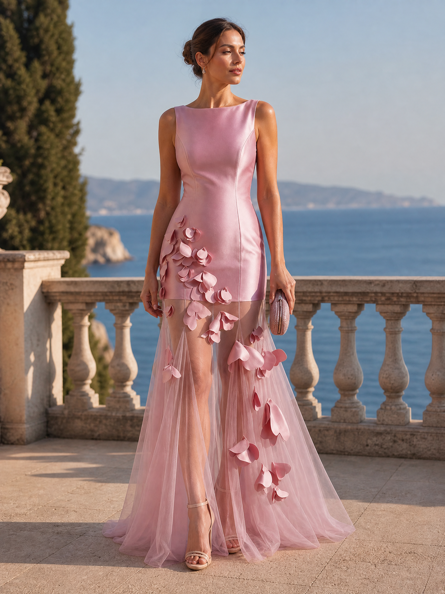 Pink 3D Floral Mesh Satin Boat Neck Sleeveless A-Line Floor-length Gown Dress