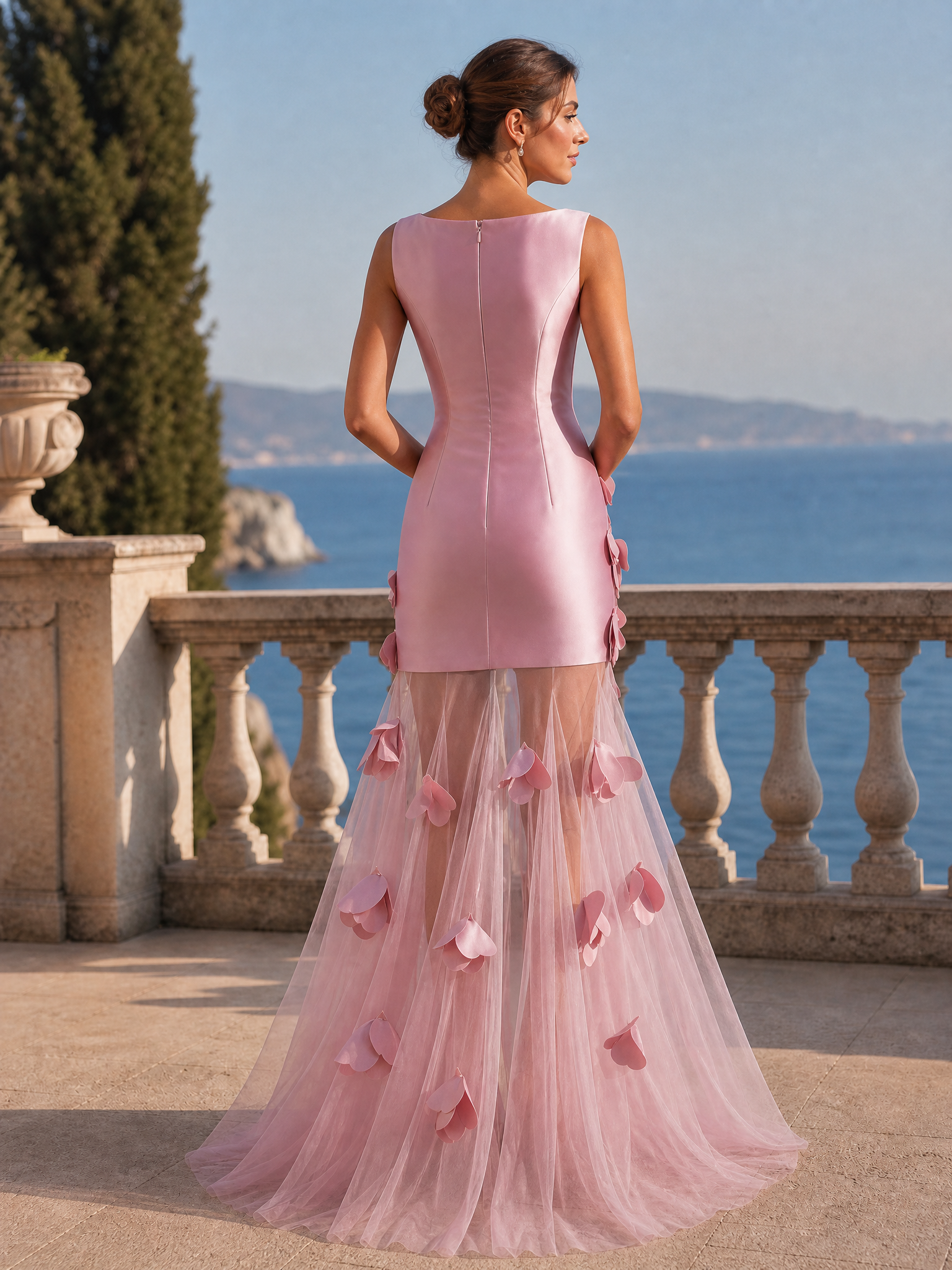 Pink 3D Floral Mesh Satin Boat Neck Sleeveless A-Line Floor-length Gown Dress