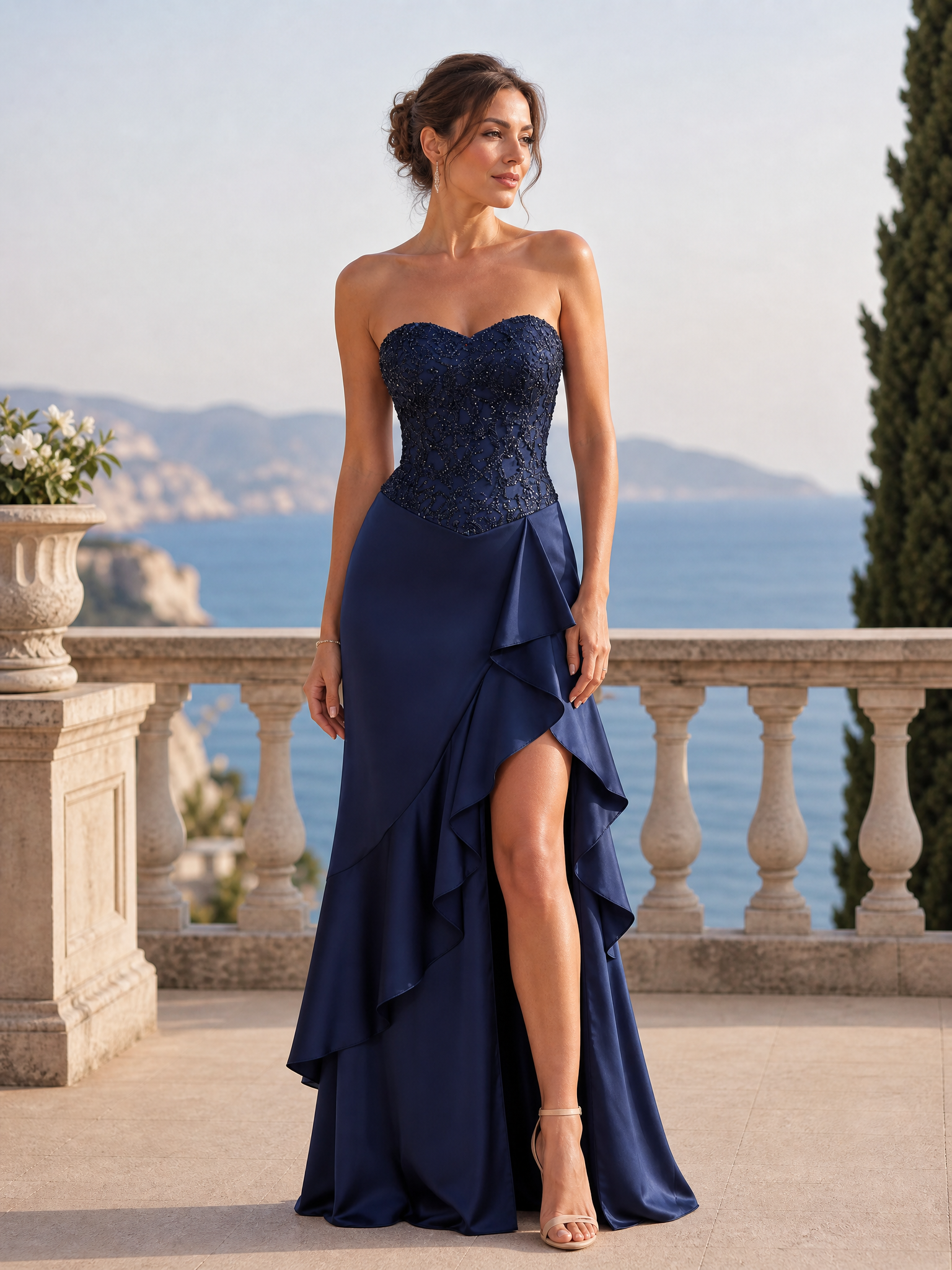 Navy Mermaid Sweetheart Beaded Tiered Formal Dress with Slit