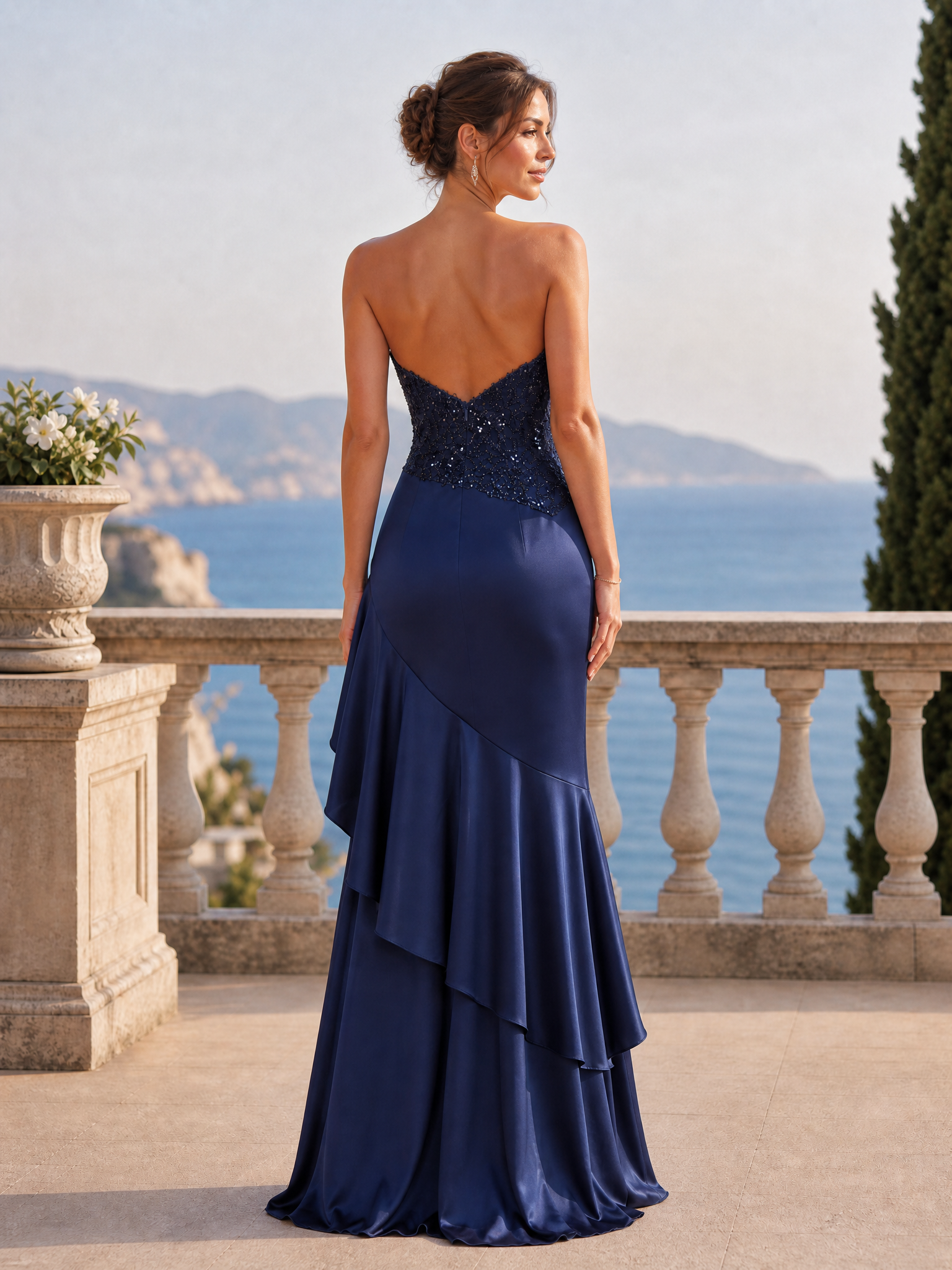 Navy Mermaid Sweetheart Beaded Tiered Formal Dress with Slit