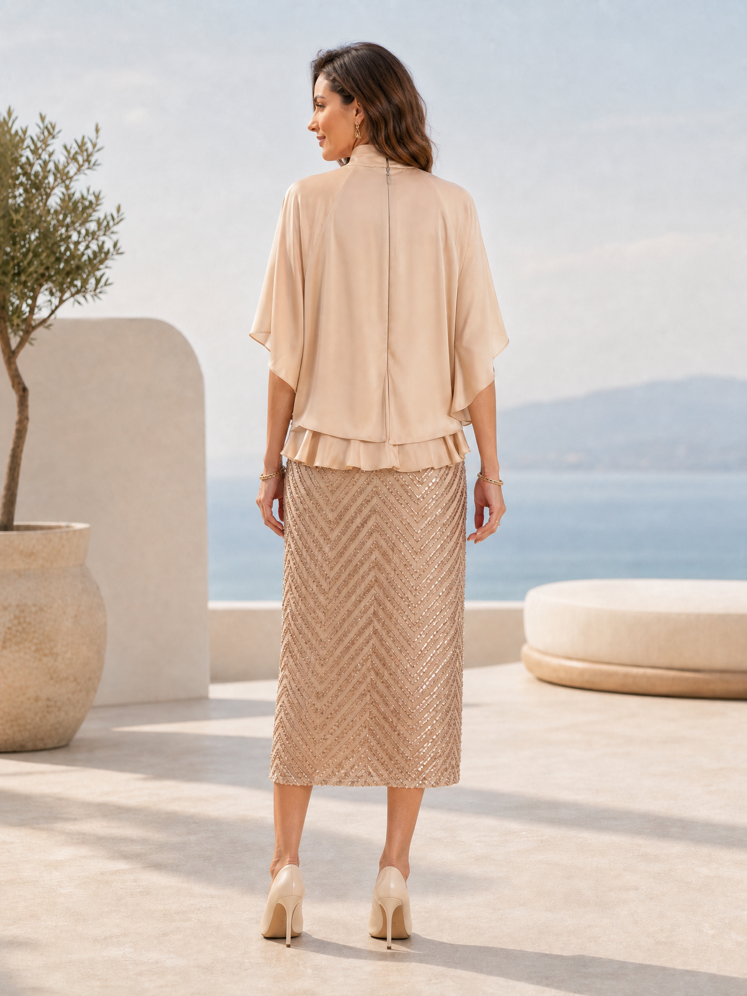 Women Apricot Ruffled Glitter Mock Neck Half Sleeve Bell Sleeve Elegant Top With Skirt Two-Piece Set