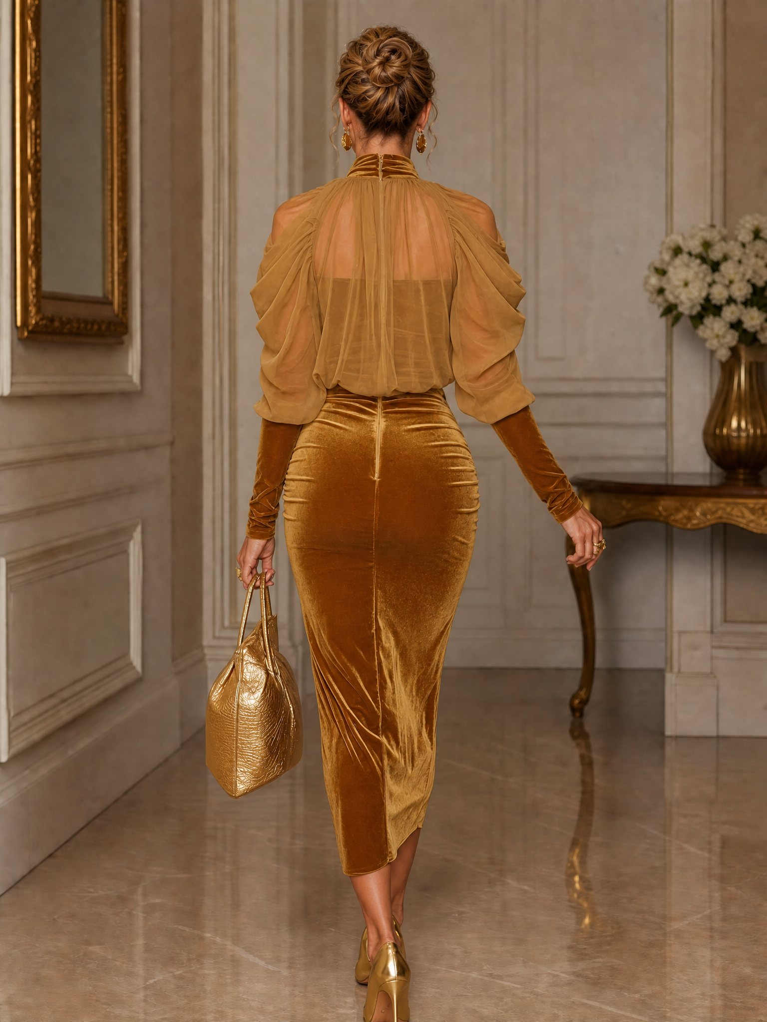 Light Brown Velvet Bodycon Maxi Dress With Chiffon Blouse Set