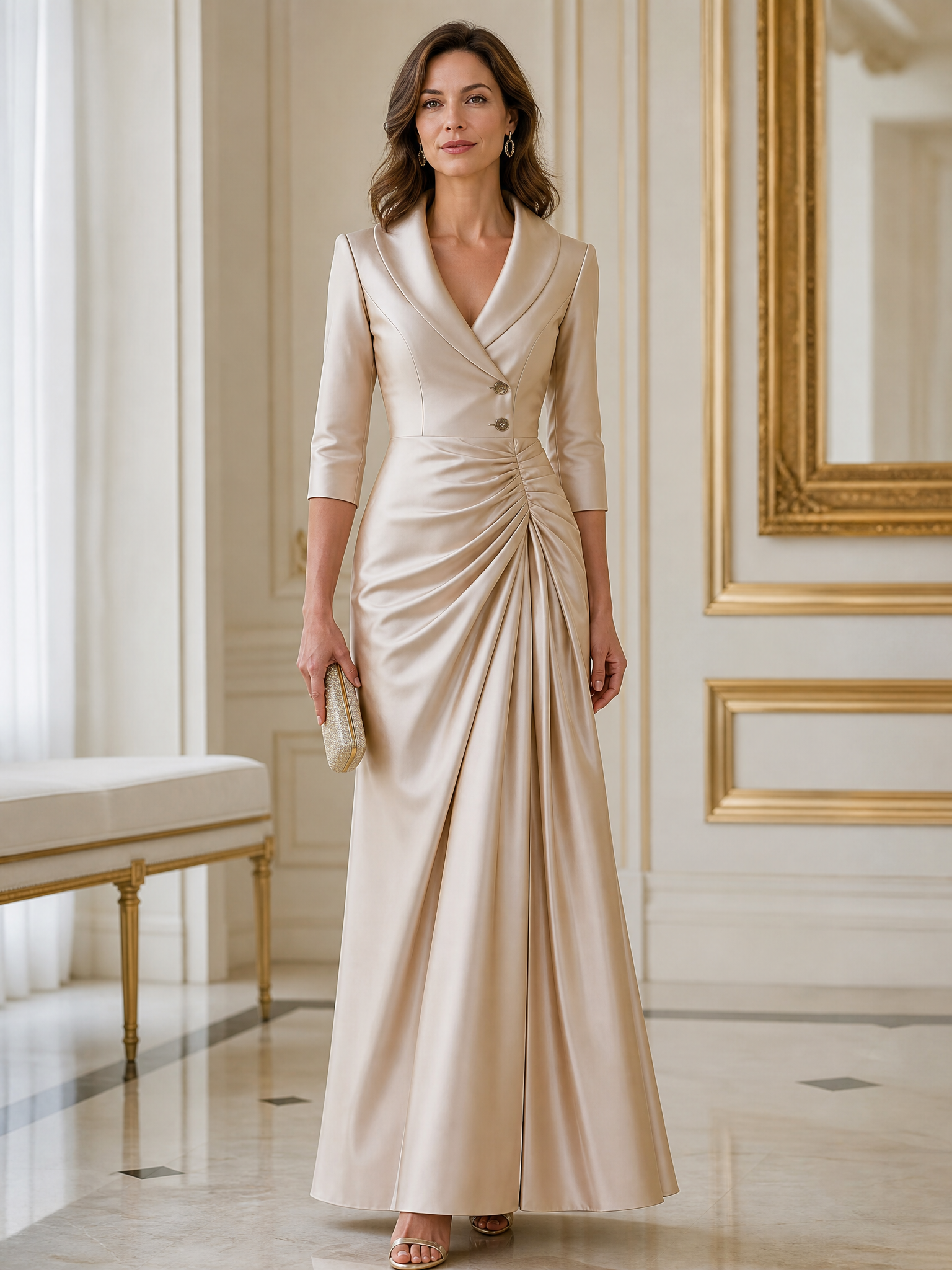 Elegant Ruched Waist Satin Tailored Maxi Dress