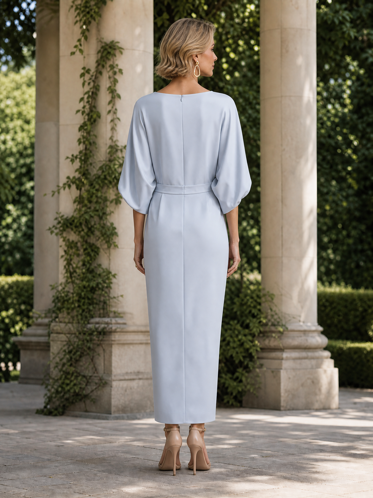 Light Blue Boat-neck Midi Dress