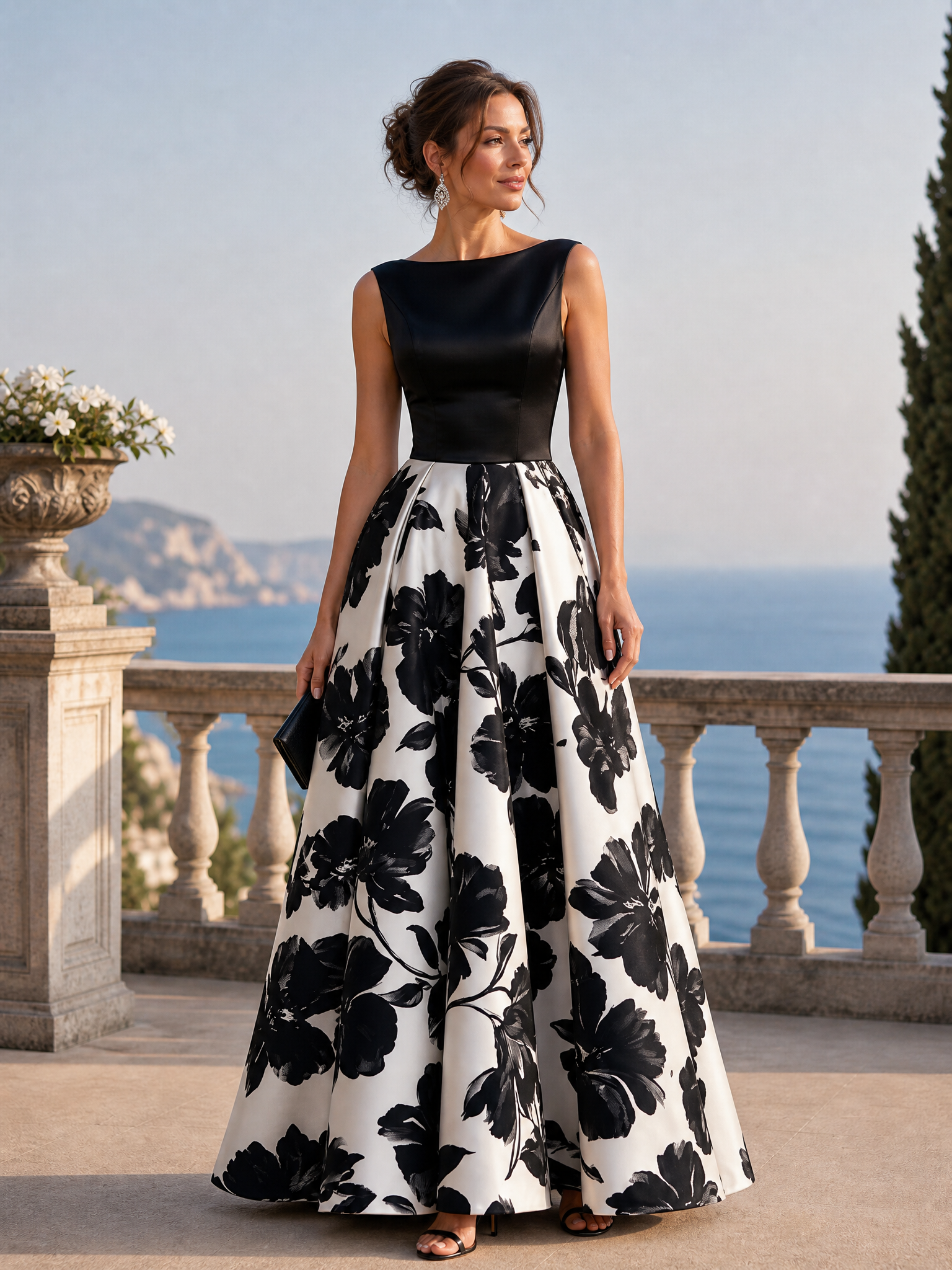 Sleeveless Boat Neck Floral Full Skirt Maxi Dress