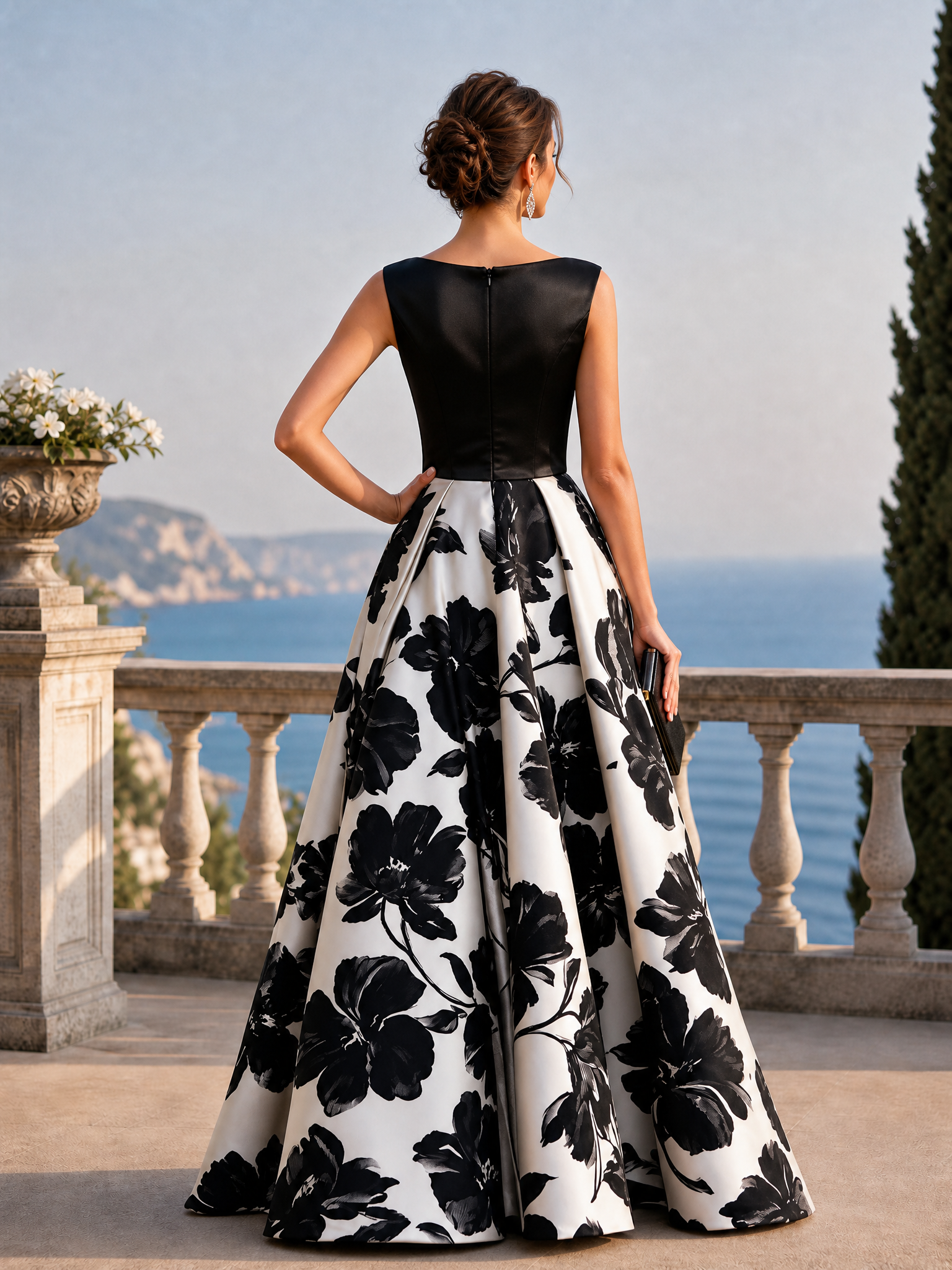 Sleeveless Boat Neck Floral Full Skirt Maxi Dress