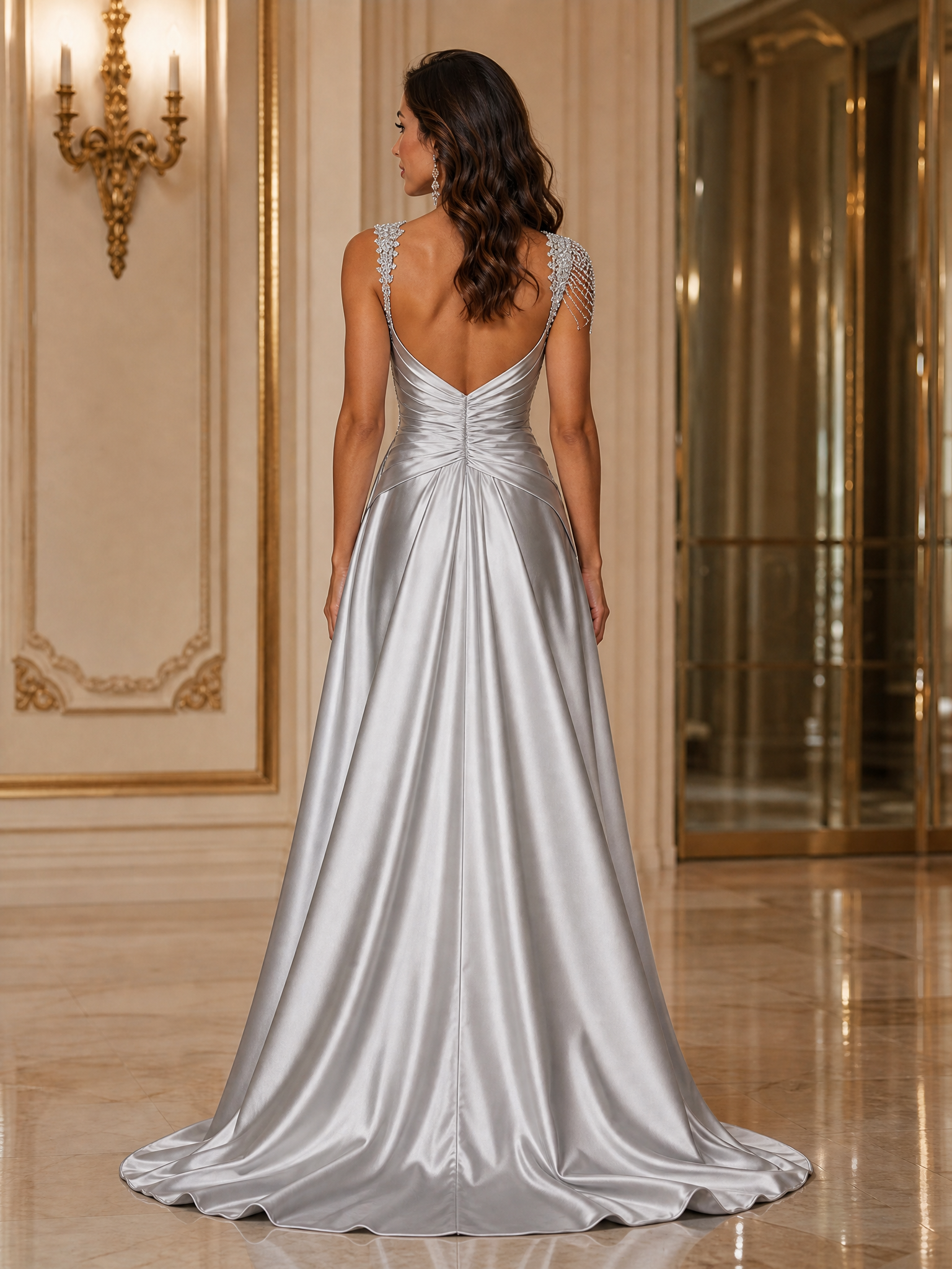 Silver Grey Deep V-Neck Draped Satin Metallic Mermaid Maxi Dress