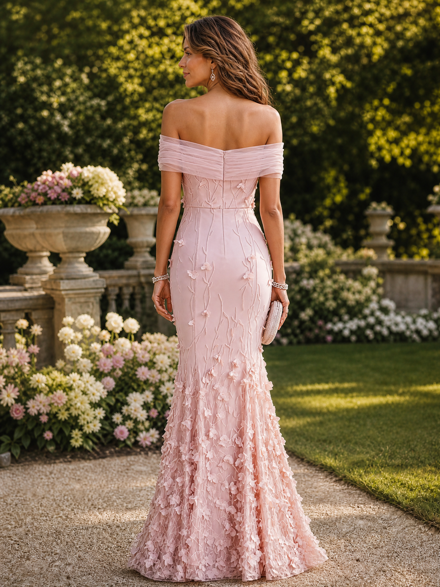 Pink Off-the-Shoulder Satin & Tulle Mermaid Maxi Dress
