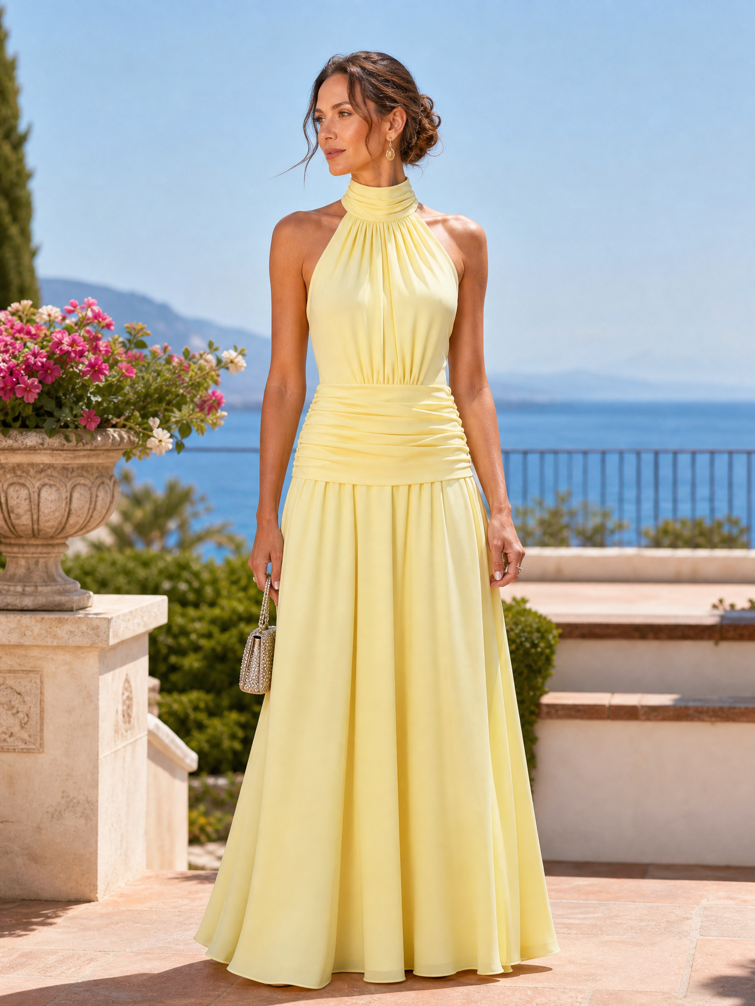 Yellow Ruched Chiffon Halter Neck Sleeveless A-Line Floor-length Gown Dress