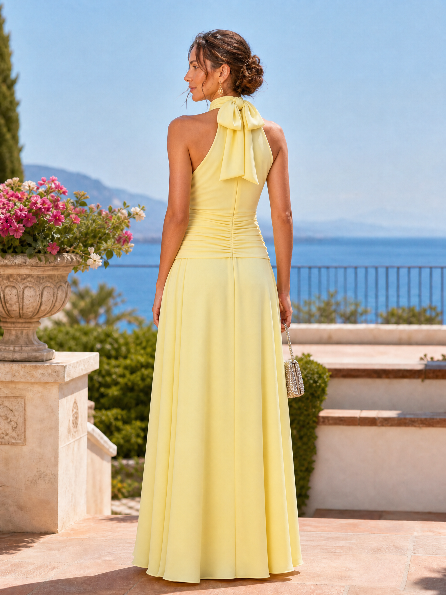Yellow Ruched Chiffon Halter Neck Sleeveless A-Line Floor-length Gown Dress