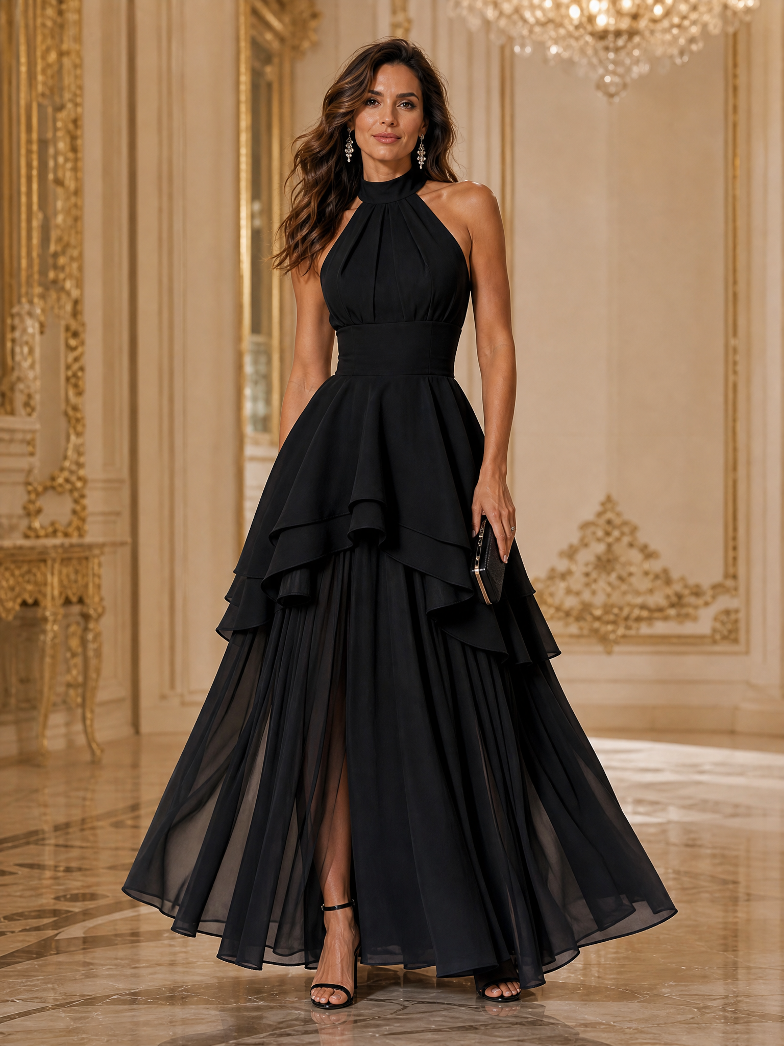 Satin Bodice Chiffon Tiered Evening Gown