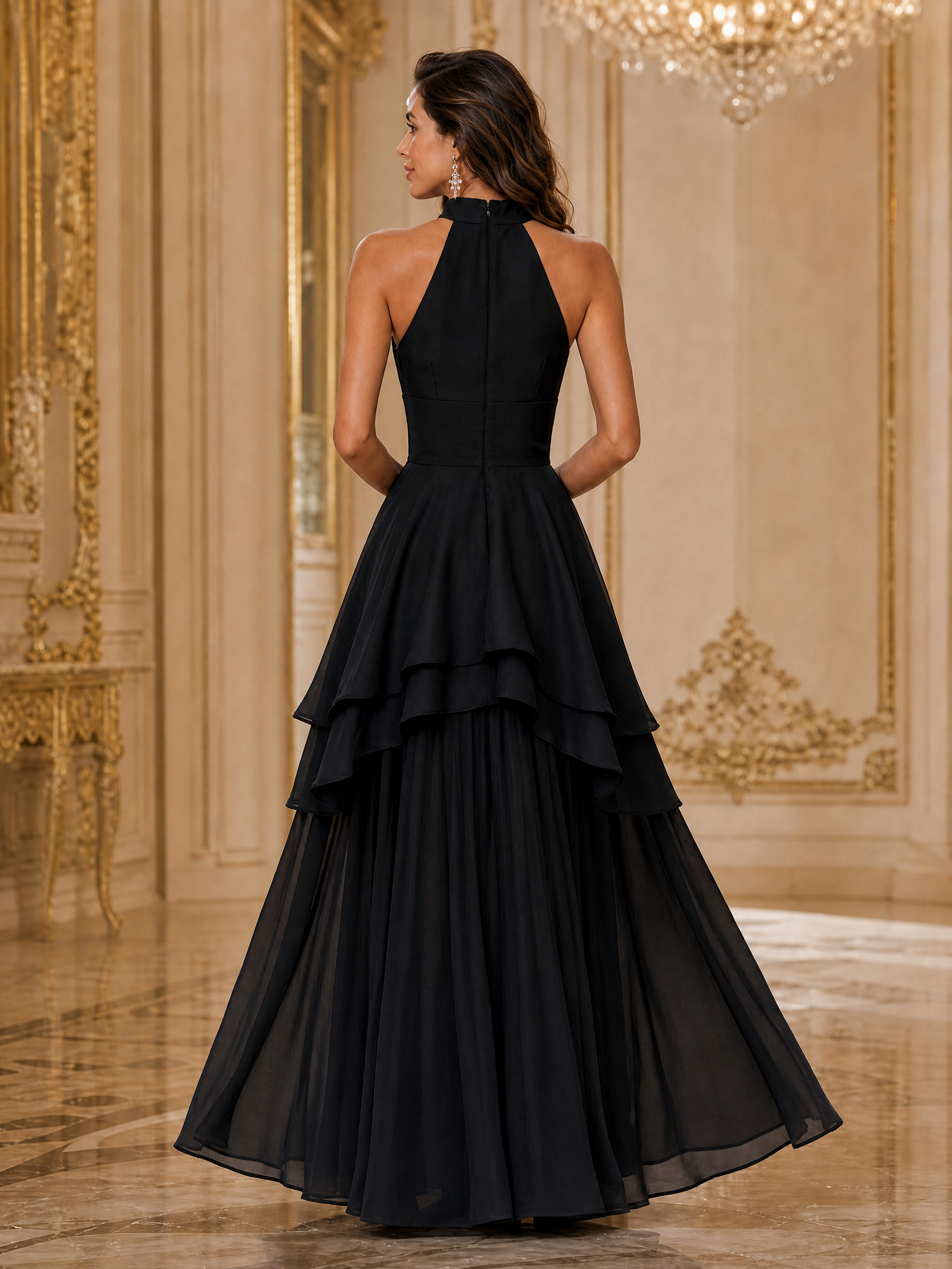 Satin Bodice Chiffon Tiered Evening Gown