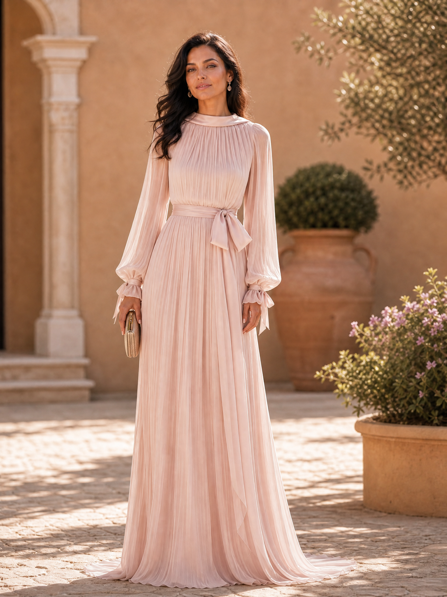 Pink Classic Halter Neck Long Sleeve A-Line Floor-length Gown Dress