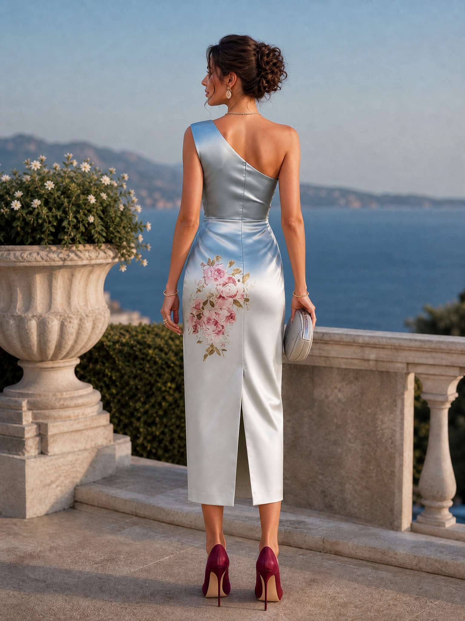 Light Blue Classic One Shoulder Sleeveless Sheath Midi Dress
