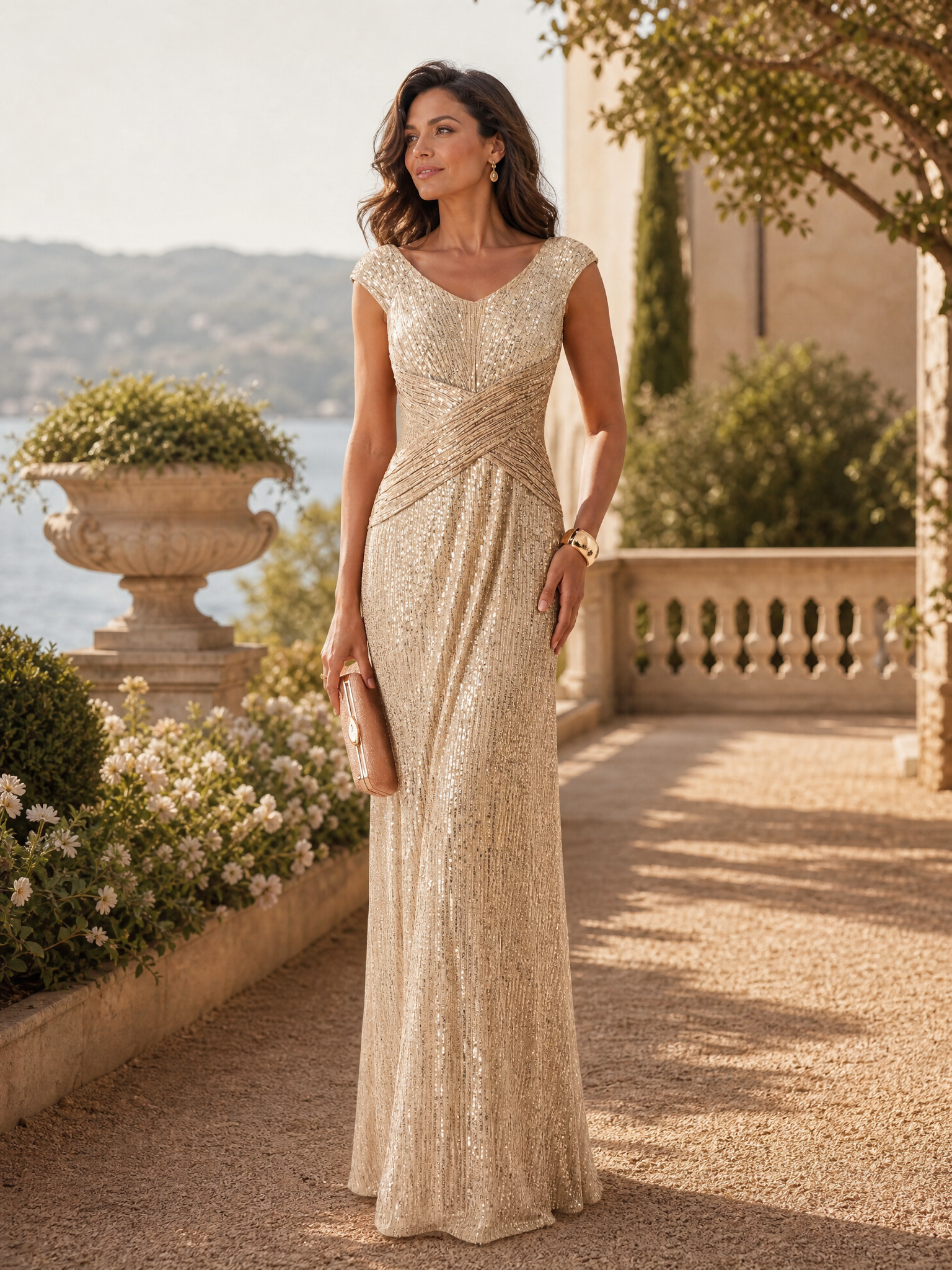Gold Champagne Sequin Sleeveless Long A-line Gown Dress