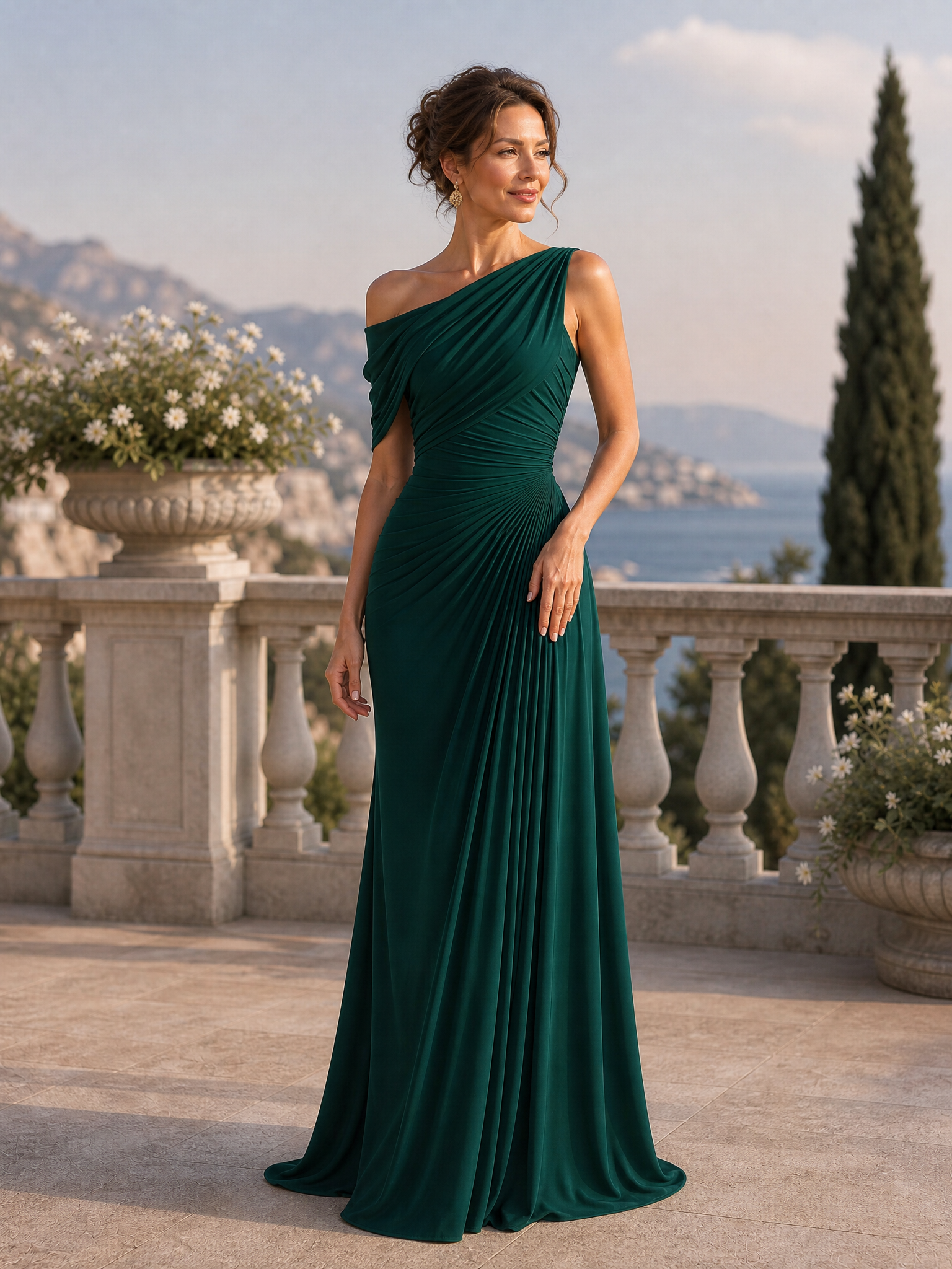 Emerald Green One-Shoulder Ruched Mermaid Floor-Length Evening Gown
